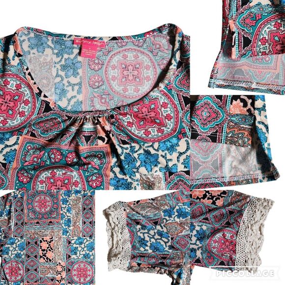 Sunny Leigh Pink Teal Multi Color Boho Patchwork Bandana Print Top sz S - Picture 7 of 10
